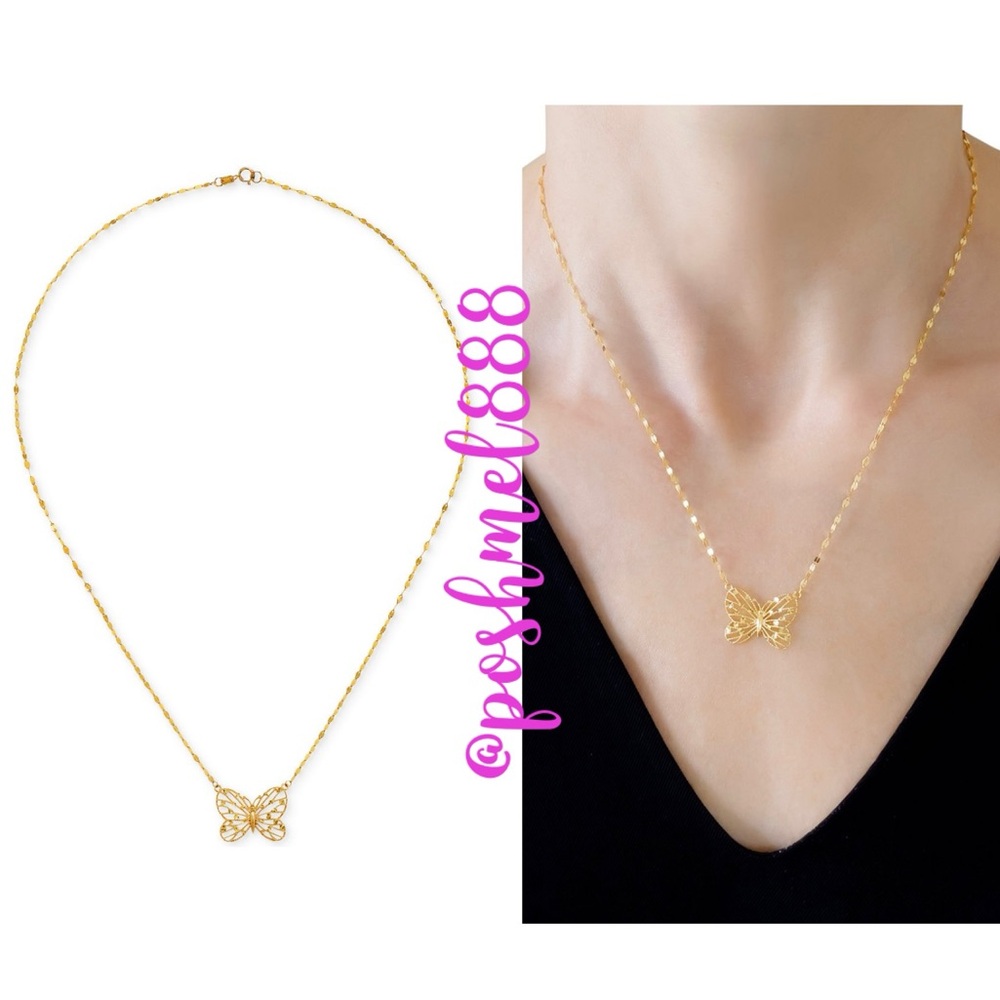 10k Solid Real Gold 18” Glitter Sparkle Chain Delicate Butterfly Necklace